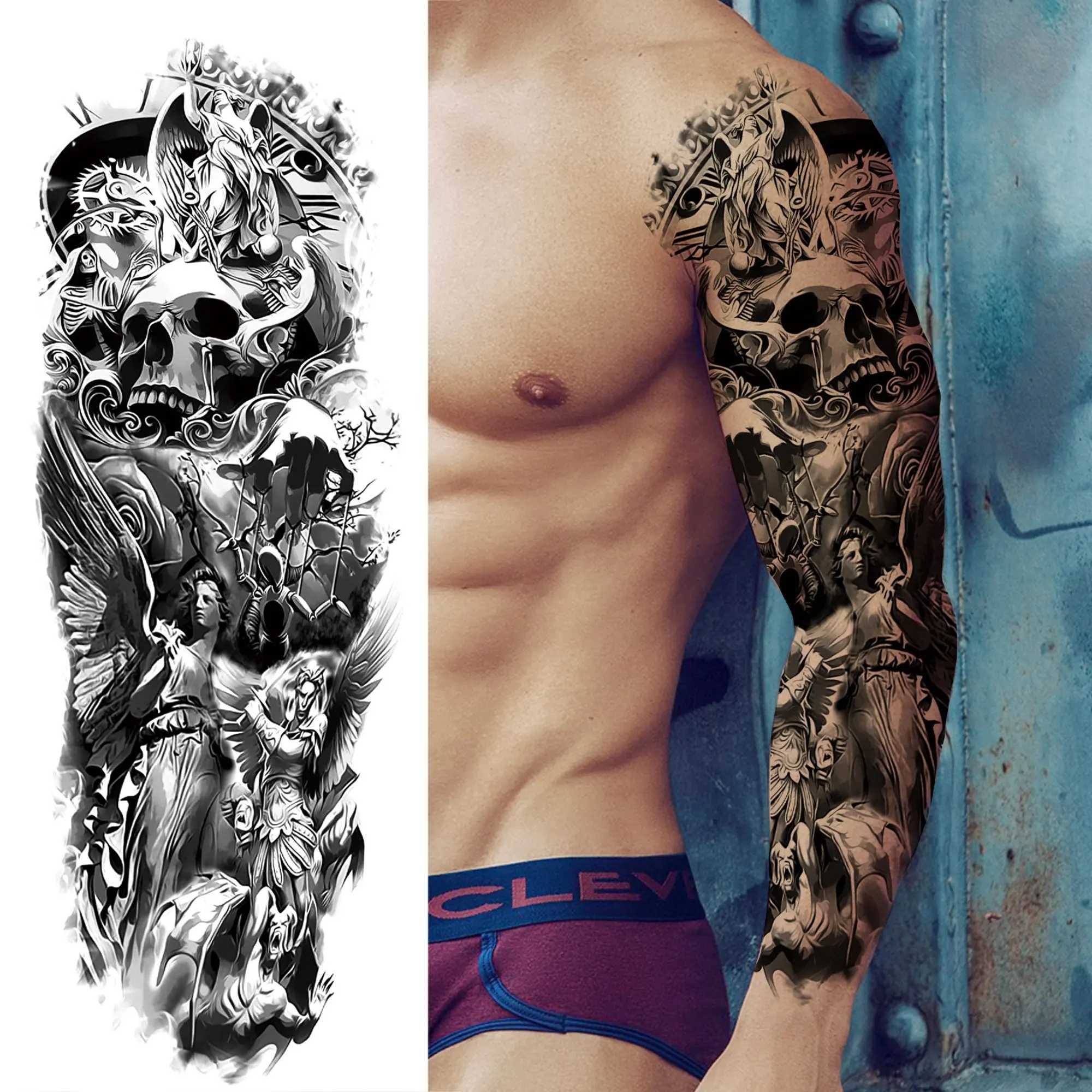 Compass Robot Arm Temporary Tattoos Sleeve For Men Women Realistic Fake Skull Angel Full Arm Tatoos Maori Totem Tattoo StickerXJ241120