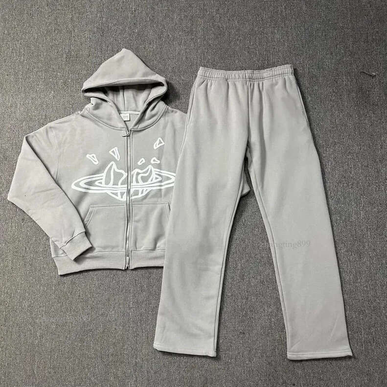 Y2k Men's Hoodies Heavyweight pure cotton space gray printed hoodie set with American trendy zippered jacket