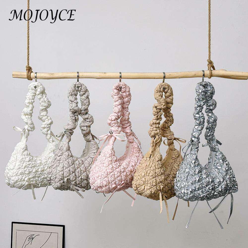 Women Puffer Tote Lightweight Stylish Underarm Soft Fashion Bag Quilted Bow Handbag Bubble Shoulder Purse