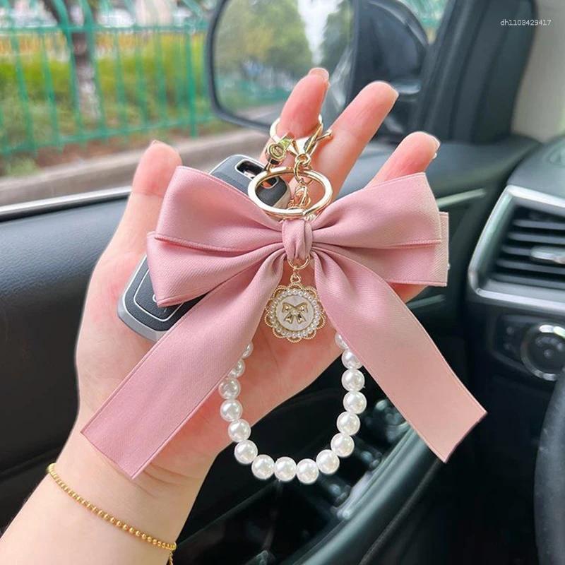 Keychains Key Bag Pendant Accessories Faux Pearl Bow Keychain Cute Beaded Bracelet Chain For Purse Backpack Car Charm Ribbon