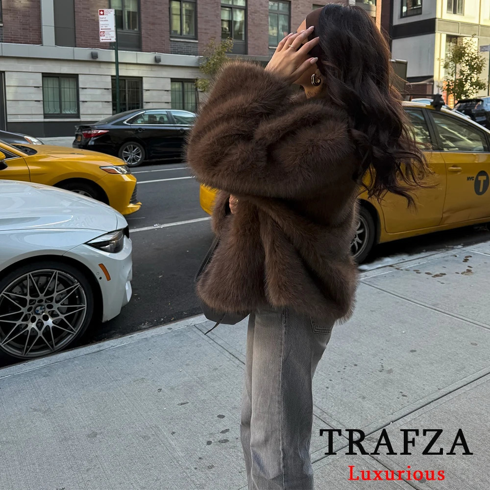 TRAFZA Casual Brown Thick Fur Jackets Women Long Sleeve V Neck Autumn Winter Faux Coats Fashion Streetwear Outwears 241120