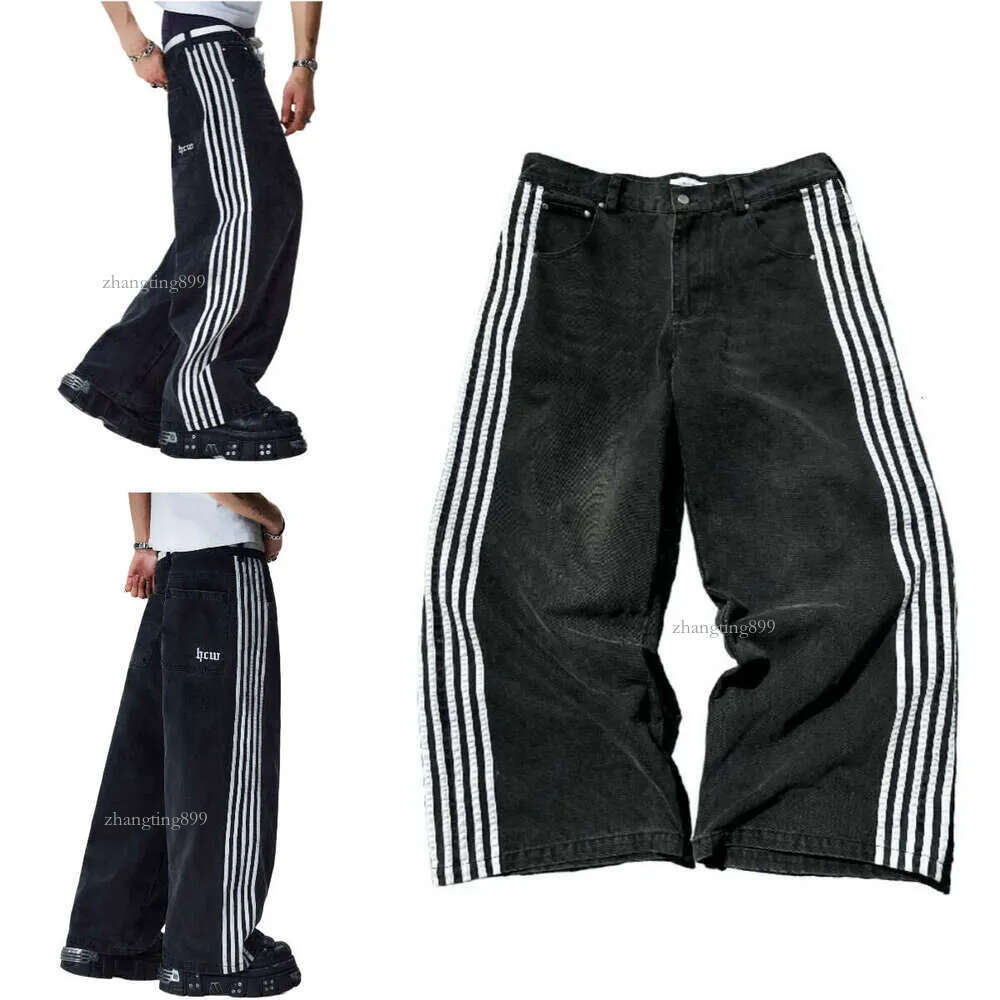 Baggy Jeans Harajuku Goth Y2k Designer Jeans for Men Black Striped New Hip Hop Embroidered Wide Leg Denim Pants High Street Streetwear