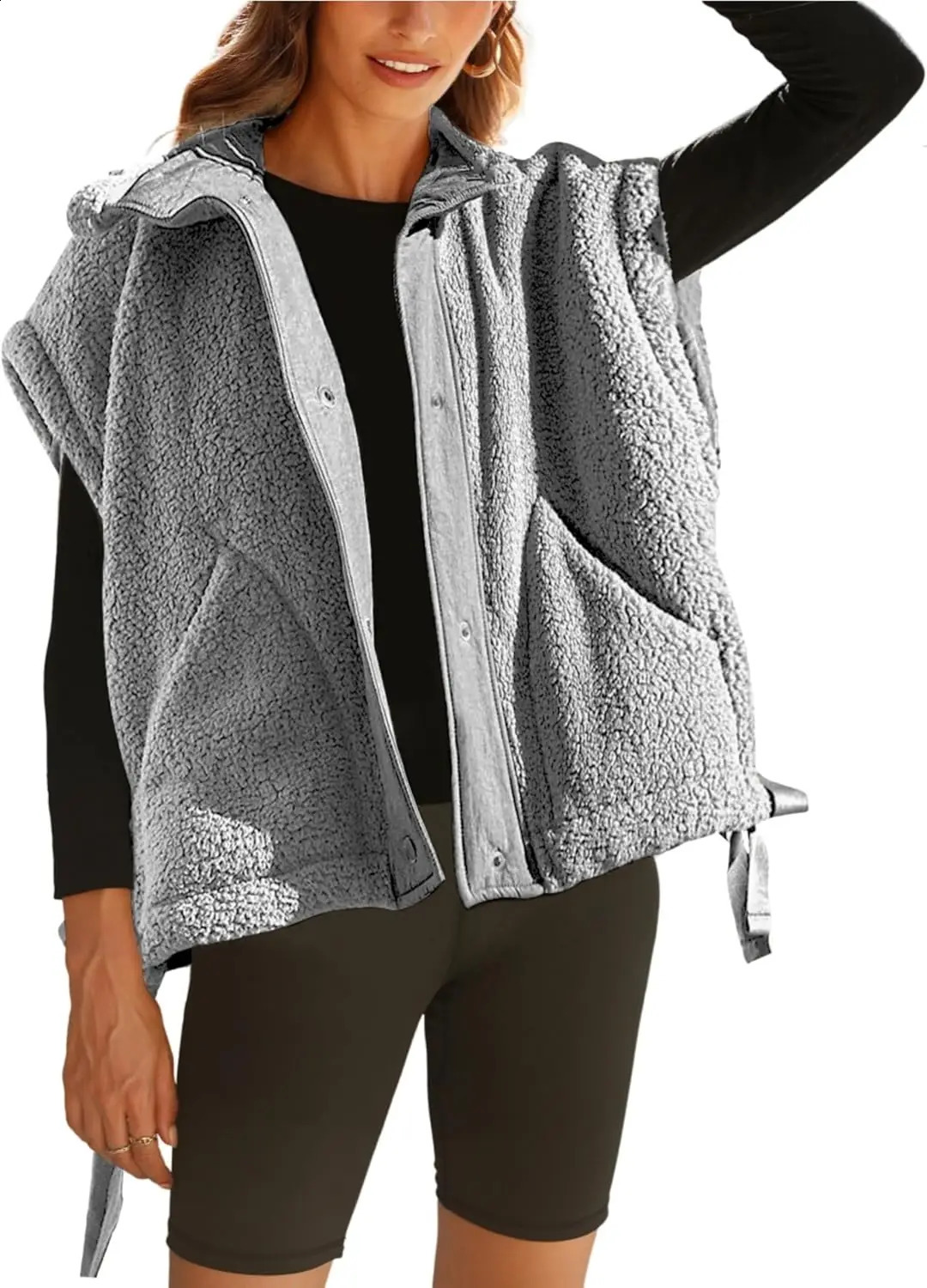 Womens Fuzzy Fleece Vest Oversized Sleeveless Sherpa Jacket Warm Button Down Gilet Outerwear with Pockets 241105