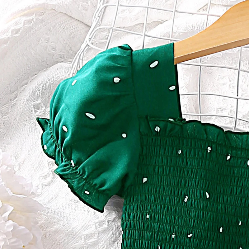 Dress Kids Girls Dark Green Cute Princess 26 Years Short Sleeve Square Collar Puff Layered 240416