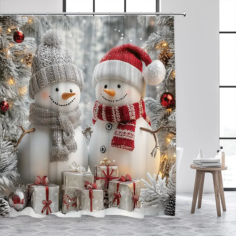 Christmas Snowman Shower Curtains Red Bird Berry Rabbit Winter Forest Snowflake Year Home Bathroom Curtain Decor With Hooks 241119
