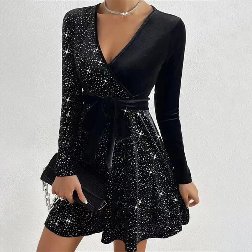 Womens Shiny Silver Deep V Sexy Evening Dress with Belt Winter Velvet Long Sleeve Mini Zip Up Christmas Party Club Vestido 241119