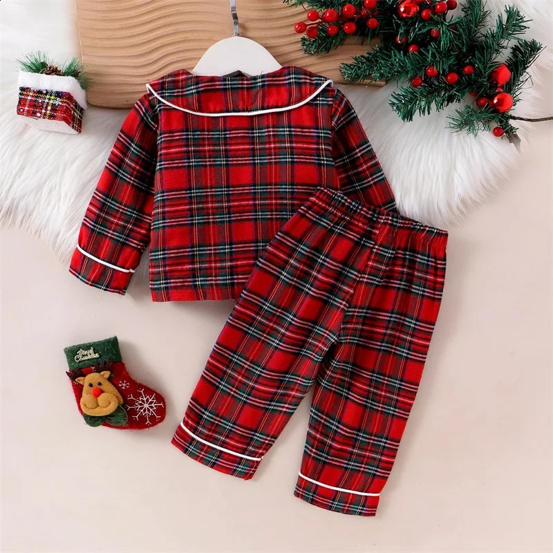 2025 Kids Girls Christmas Pajamas Sets Red Plaid Long Sleeve Turn Down Collar Shirts Tops with Elastic Waist Pants Sleepwear 241120