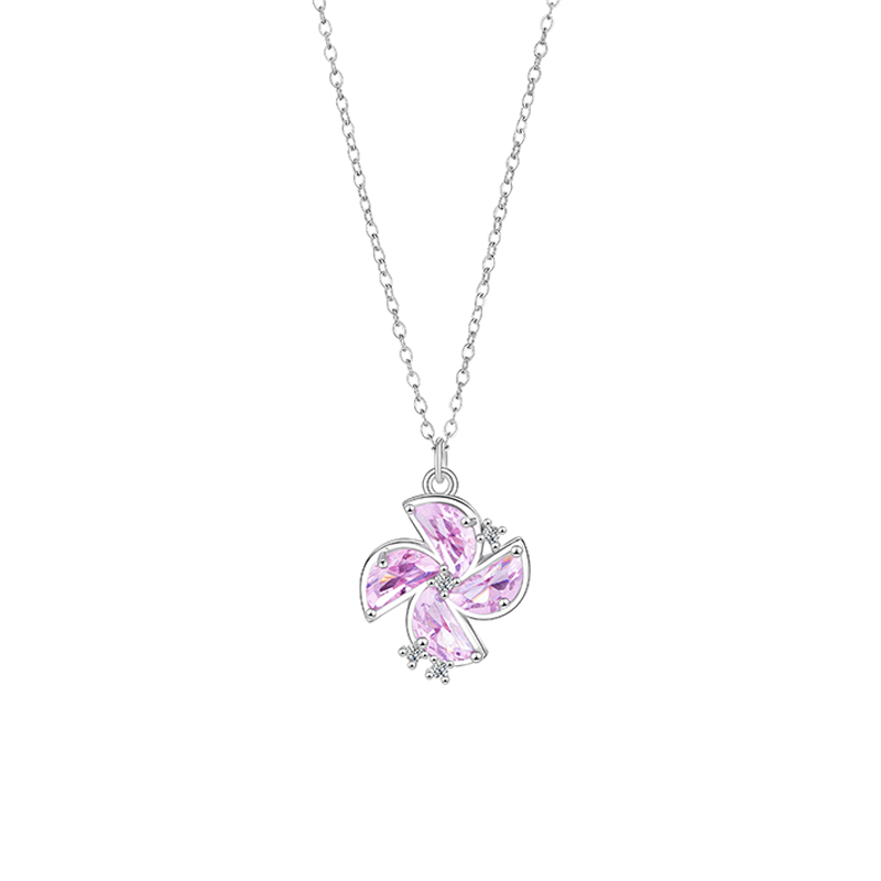 Stylish Women's Small-Batch Designed Necklace Featuring a Pink Zircon Windmill Pendant and Practical Stainless Steel Chain