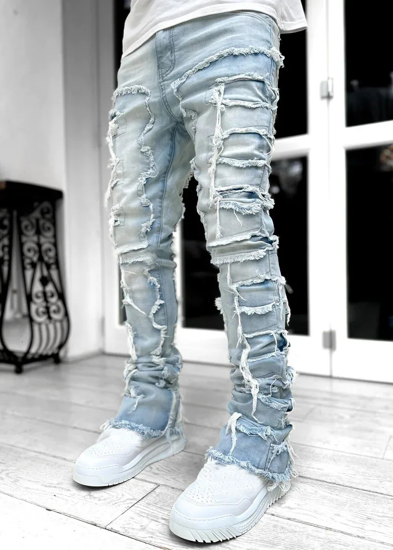 Fashion Stretch Patch Mens Jeans Y2K Patchwork Creative Tassels Decoration Straight Denim Trousers For Men Hip Hop Jean Pants 240415