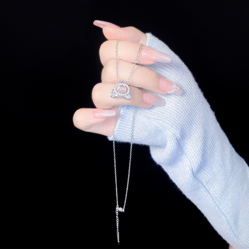 Fashionable Women's Pumpkin Carriage Charm Necklace Featuring Lovely Pink Zircon Stones and Durable Stainless Steel