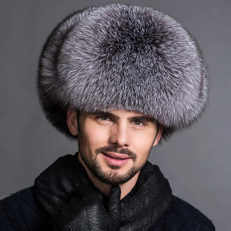 Winter Mens 100% Real Silver Fox Fur Bomber Hat Raccoon Ushanka Cap Trapper Russian Man Ski Hats Caps Leather w241119 - view 7