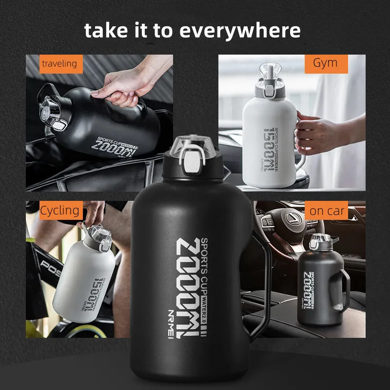 1.5/2L stainless steel water bottle with handle and straw outdoor portable large capacity kettle for gym exercise 241115