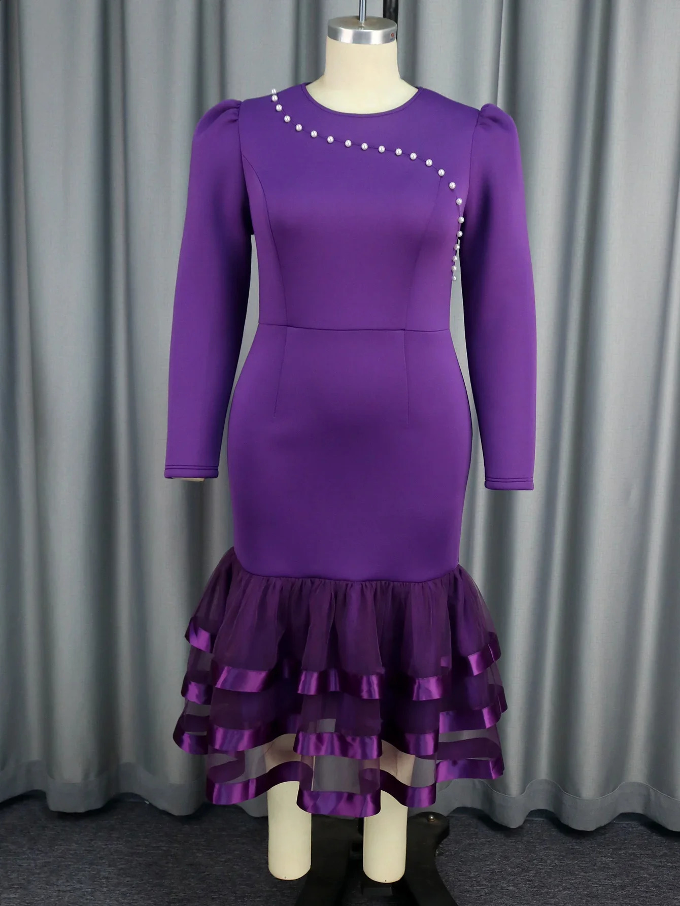 Purple Dresses Mermaid Mesh Long Sleeves Beading Party for Women Package Hip Wedding Guest Female Gowns Occasion Winter African 241119