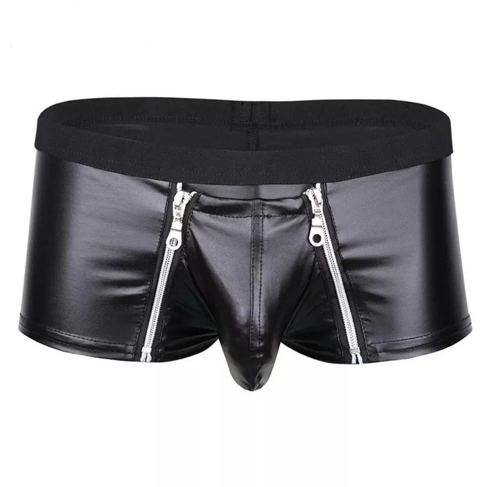 Mens Sexy Leather Lingerie Open Crotch Short Pants For Sex Soft Latex Fetish Boxer Crotchless Leather Underwear Bulge Pouch Sexi 240419