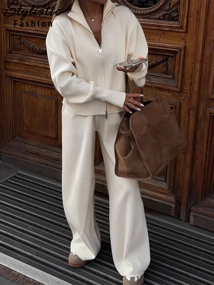 Casual Knitted Jacket Pants Sets Women Stand Collar Zippers Coat Wide Leg Pleated Trousers 2024 Autumn Cozy 2 Pieces Set Lady 241119
