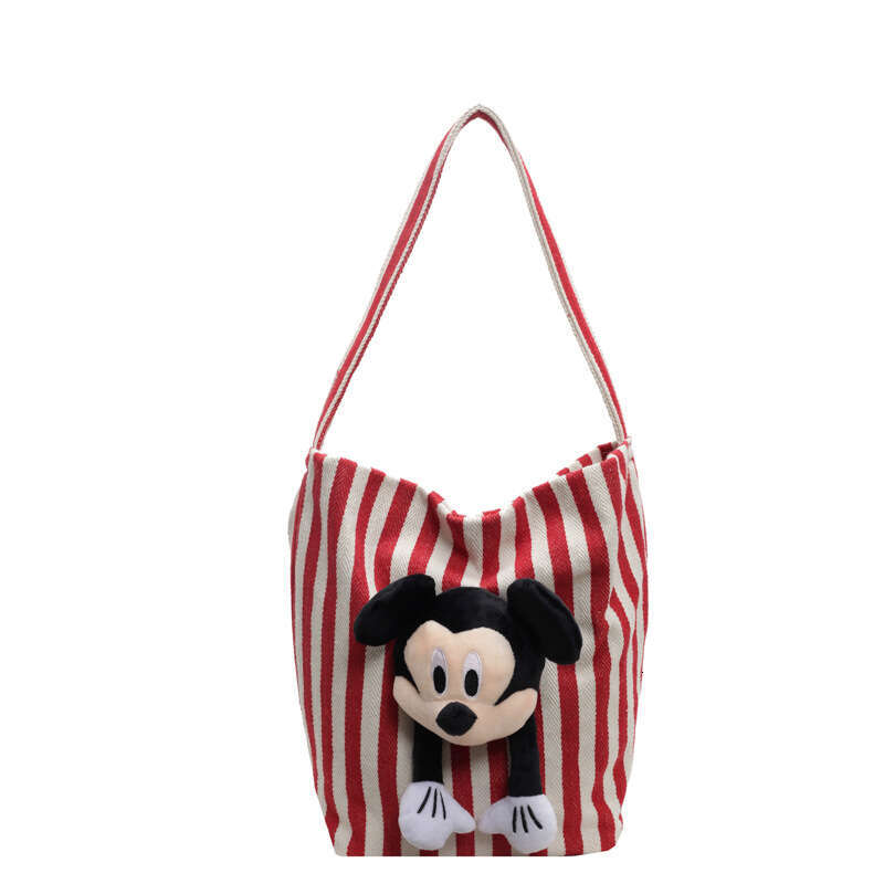 Cartoon Cute Underarm Women's Striped Canvas One Shoulder Bucket Large Capacity Classroom Commuter Tote Bag