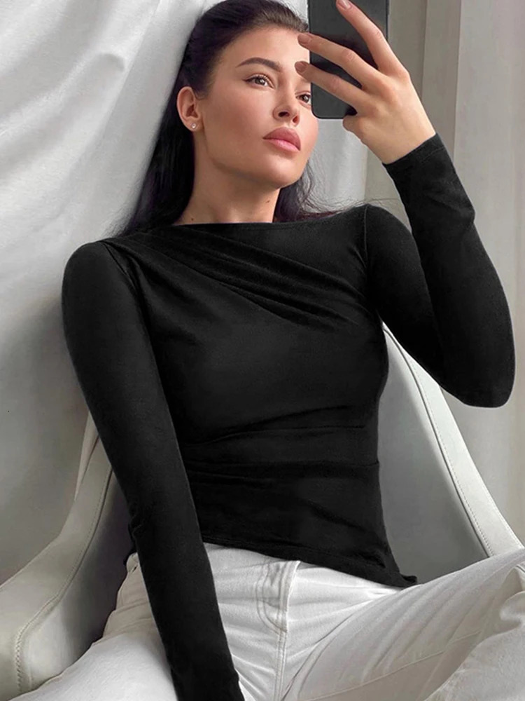 Long Sleeve Top White T-Shirts Women Basic Crop Top Autumn Pullover Solid Skew Neck T Shirt Streetwear Basic White Y2K Tees 240409