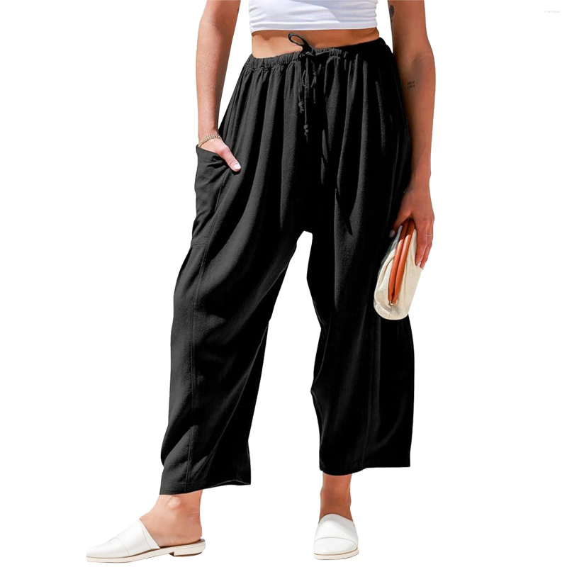 Women's Pants Oversize Women Casual White High Elastic Drawstring Baggy Streetwear Solid Color Wide Leg Trousers