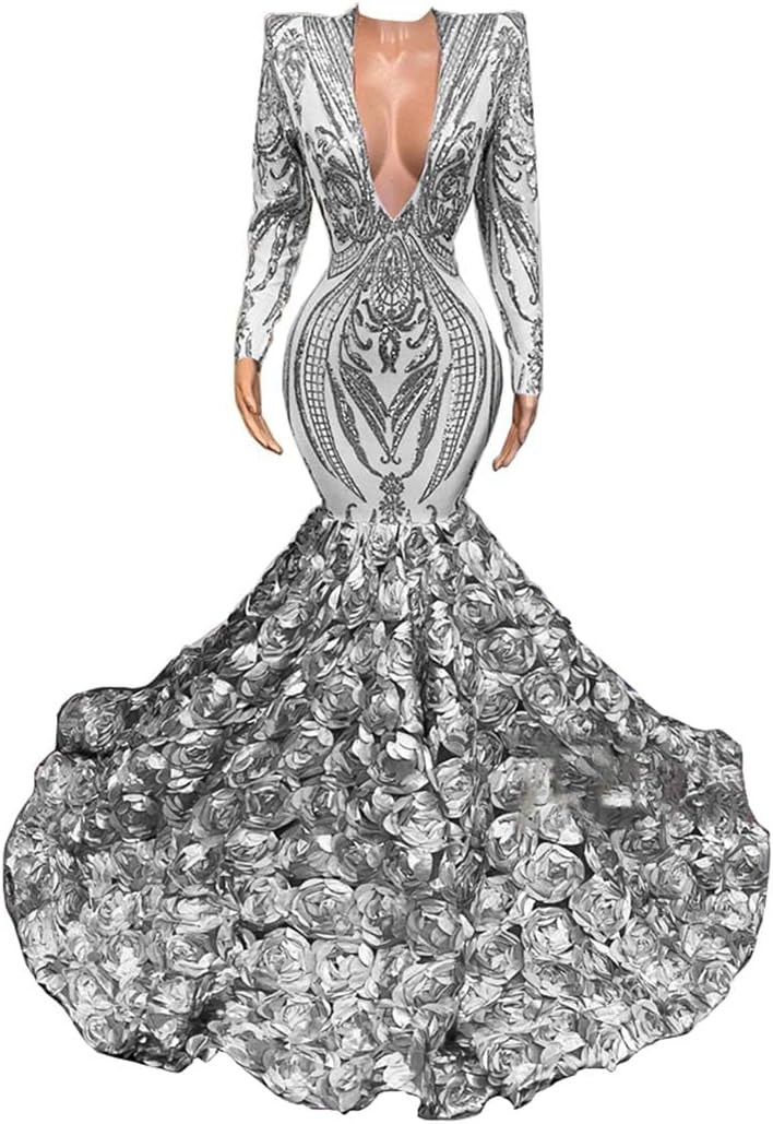 Sexy Mermaid Sequined V-Neck Prom Dresses Long Sleeve Party Dresses Champagne Flowers Sweep Train Formal Occasion Dress Evening Dresses for Women