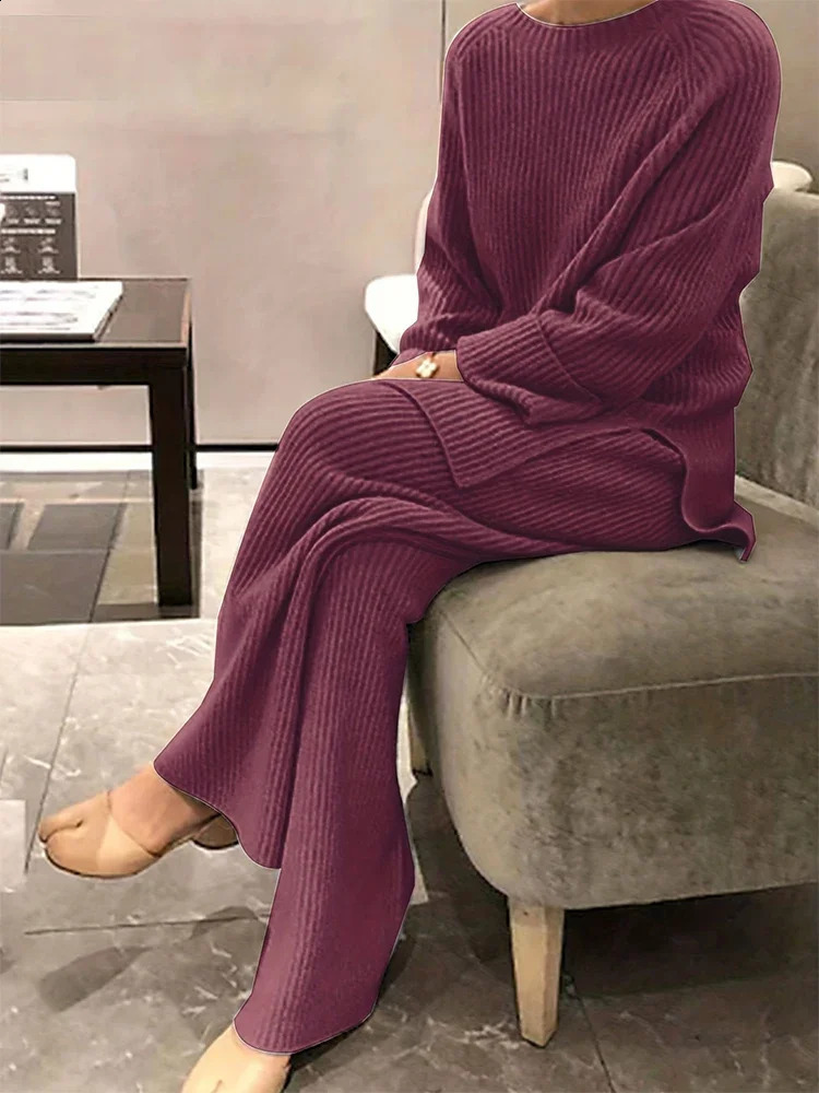 Plus Size Womens Casual Wear Set Solid Color Pullover Two Piece Knitted Sweater Round Neck Cardigan Long Sleeve Suit Trousers 241120