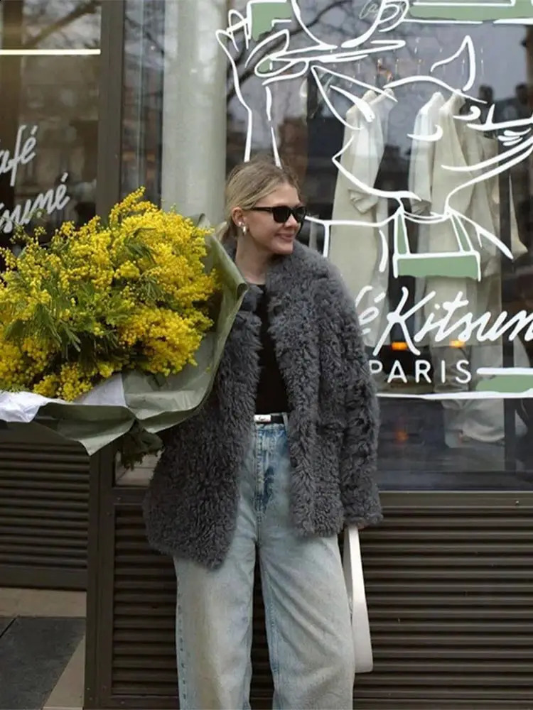 Elegant Grey Thicken Faux Fur V Neck Coat Women Fashion Long Sleeve Plush Warm Cardigan Jacket Female High Streetwear 241120