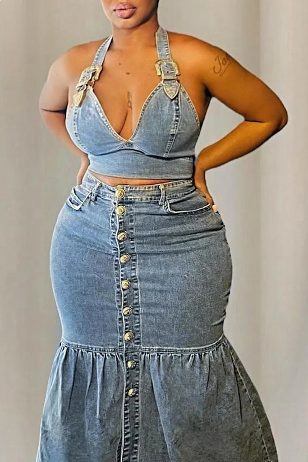 Plus Size Party Blue V-neck Denim Two Piece Ski Set 241118