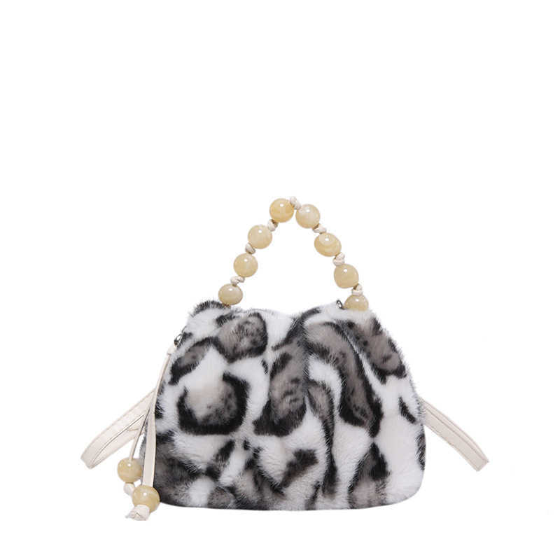 2024 autumn and winter new imitation mink fur bag, women's leopard print crossbody bucket bag, niche handbag, plush bag 241120