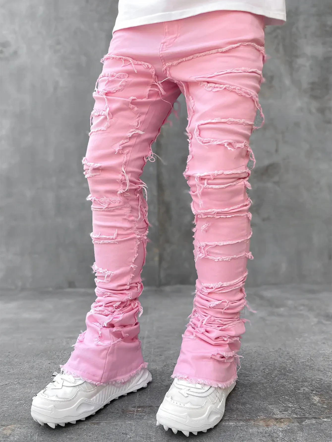 Fashion Stretch Patch Mens Jeans Y2K Patchwork Creative Tassels Decoration Straight Denim Trousers For Men Hip Hop Jean Pants 240415