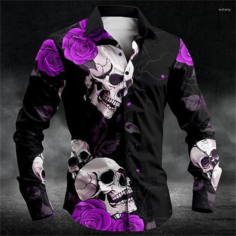 Men's T Shirts Rose Skull Casual Dark Button-Down T-Shirt Long Sleeve Party/Evening Wear Everyday Fall/Winter 3D Printing B2