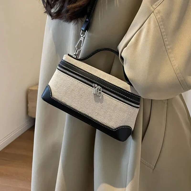 High Quality Canvas Women's Box Shoulder on Sale 2025 New Zipper Patchwork Sewing Thread Makeup Fashion Crossbody Bag