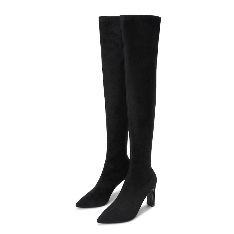 Leather Suede Knee Women Sexy Point Women's High Boots Black Beige Long Tall Shoes Ladies 2023 Autumn Winter ab09 's