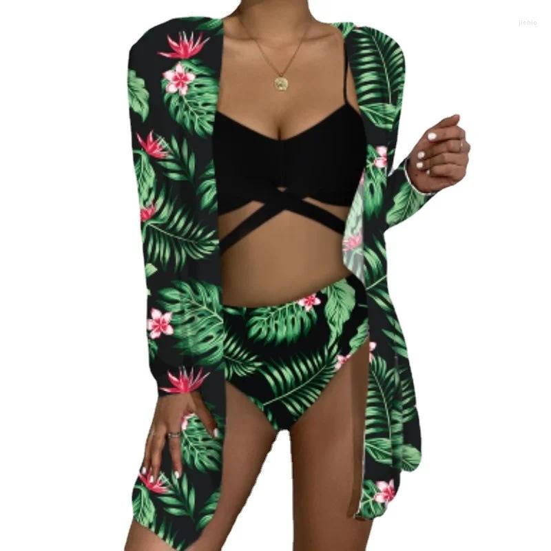 Womens Swimwear 2024 Mesh Three Piece Sunscreen Digital Print Loose Top