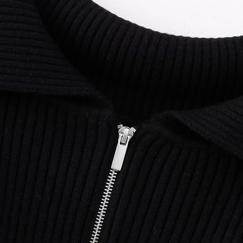 French Casual Loose Long Sleeve Sweater Zipper Winter Knitwear Turn-Down Collar Warm Chic Simple Clothing Streetwear