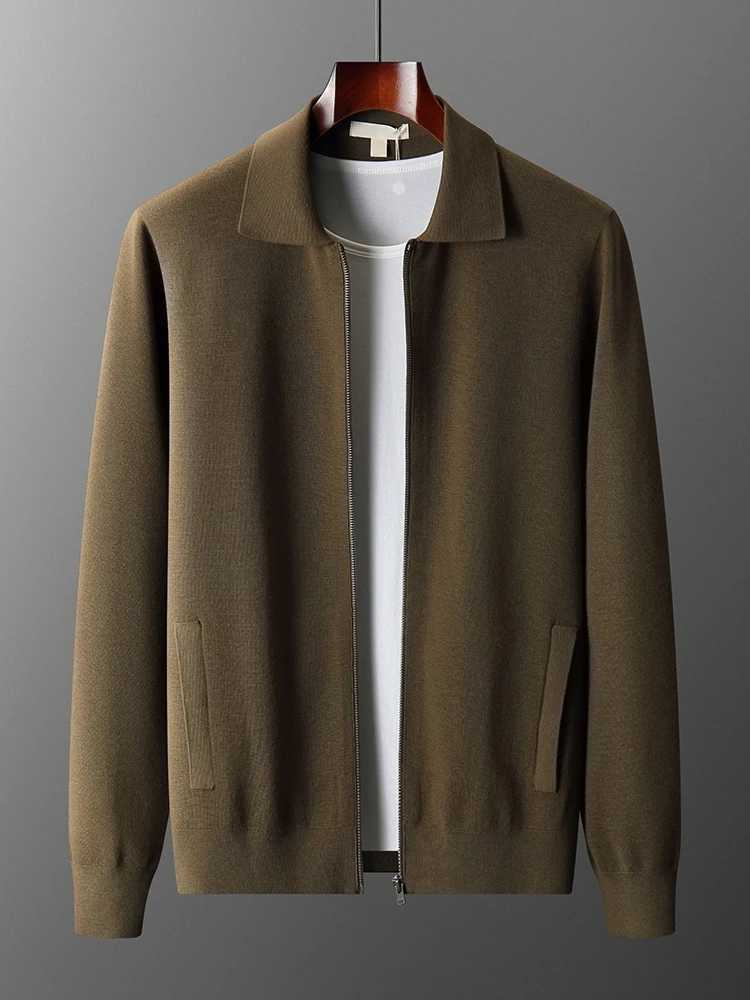 Autumn and winter mens cardigan 100% Merino wool knitted zipper jacket thick and long Slved mens sweater lapel shirt X241119