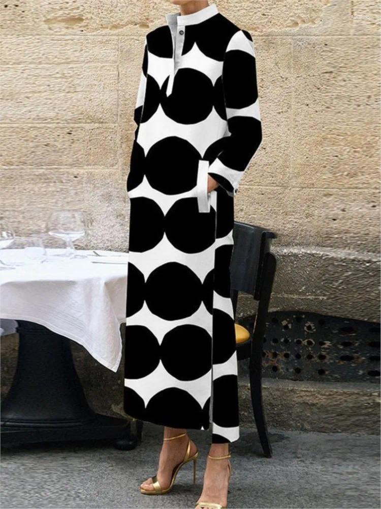 Casual Dresses Spring And Autumn Printed Long Sleeved For Womens Shift Fashion Button Pocket Elegant Female Office Dress