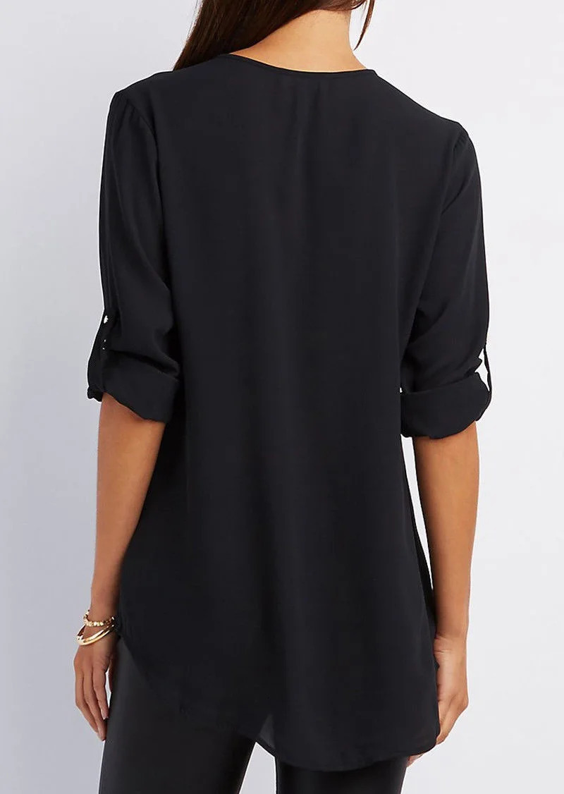 S5XL Ladies Loose Chiffon Shirt Multi Colors VNeck Zipper LongSleeved Casual Basic White Black Blouse Tops Plus Size 240412