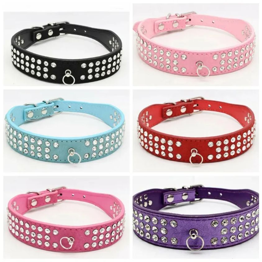 Peronalized Length Suede Skin Jeweled Rhie Pet Dog Collar Three Row Sparkly Crytal Dia Studded Puppy Collar In Tock