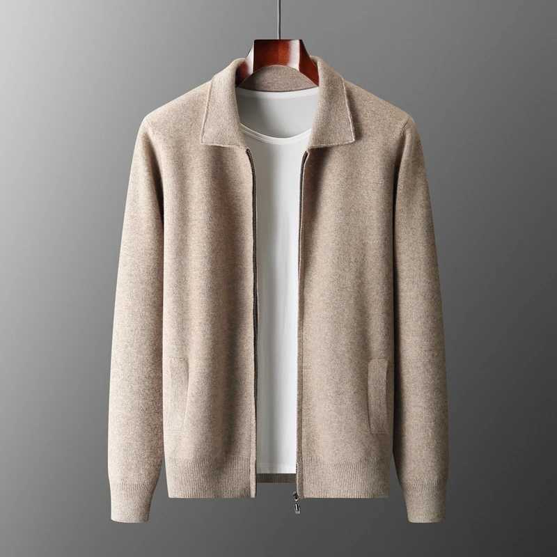 Autumn and winter mens cardigan 100% Merino wool knitted zipper jacket thick and long Slved mens sweater lapel shirt X241119