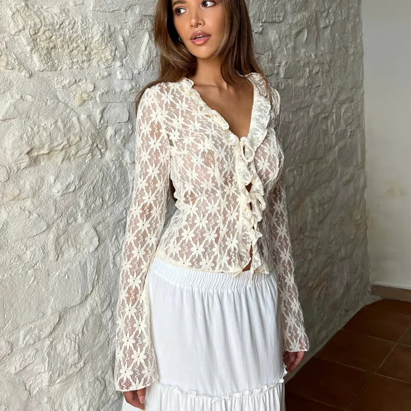 hirigin Elegant Women Summer Lace Floral Tops Flare Long Sleeve Tie Front Sheer Slim Crop Cardigan Clubwear blusa mujer moda 240409