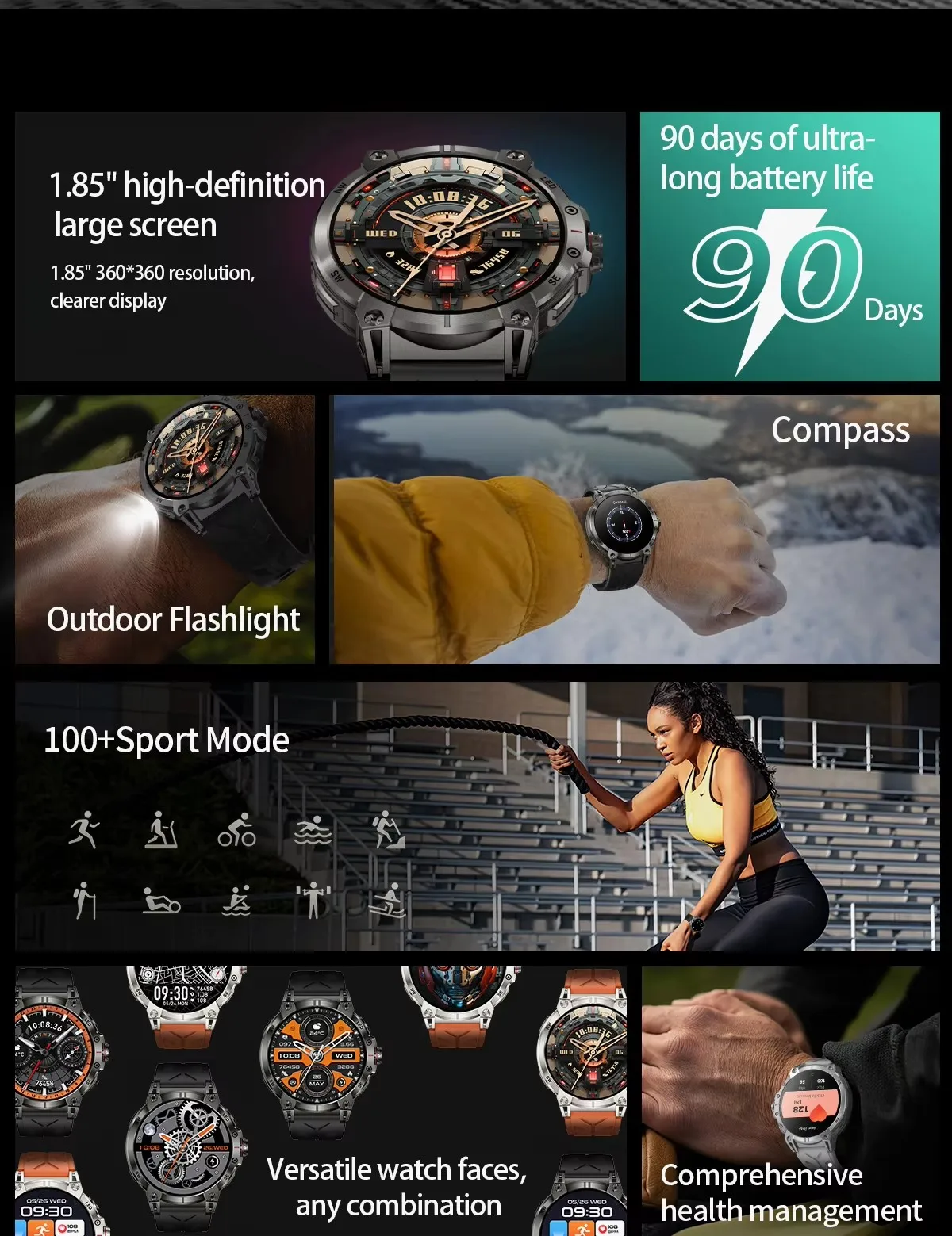 Men's Sporty Smart Watch with Built-in LED Flashlight & Compass - Fitness Tracking, Bluetooth Calls & AI Voice Assistant