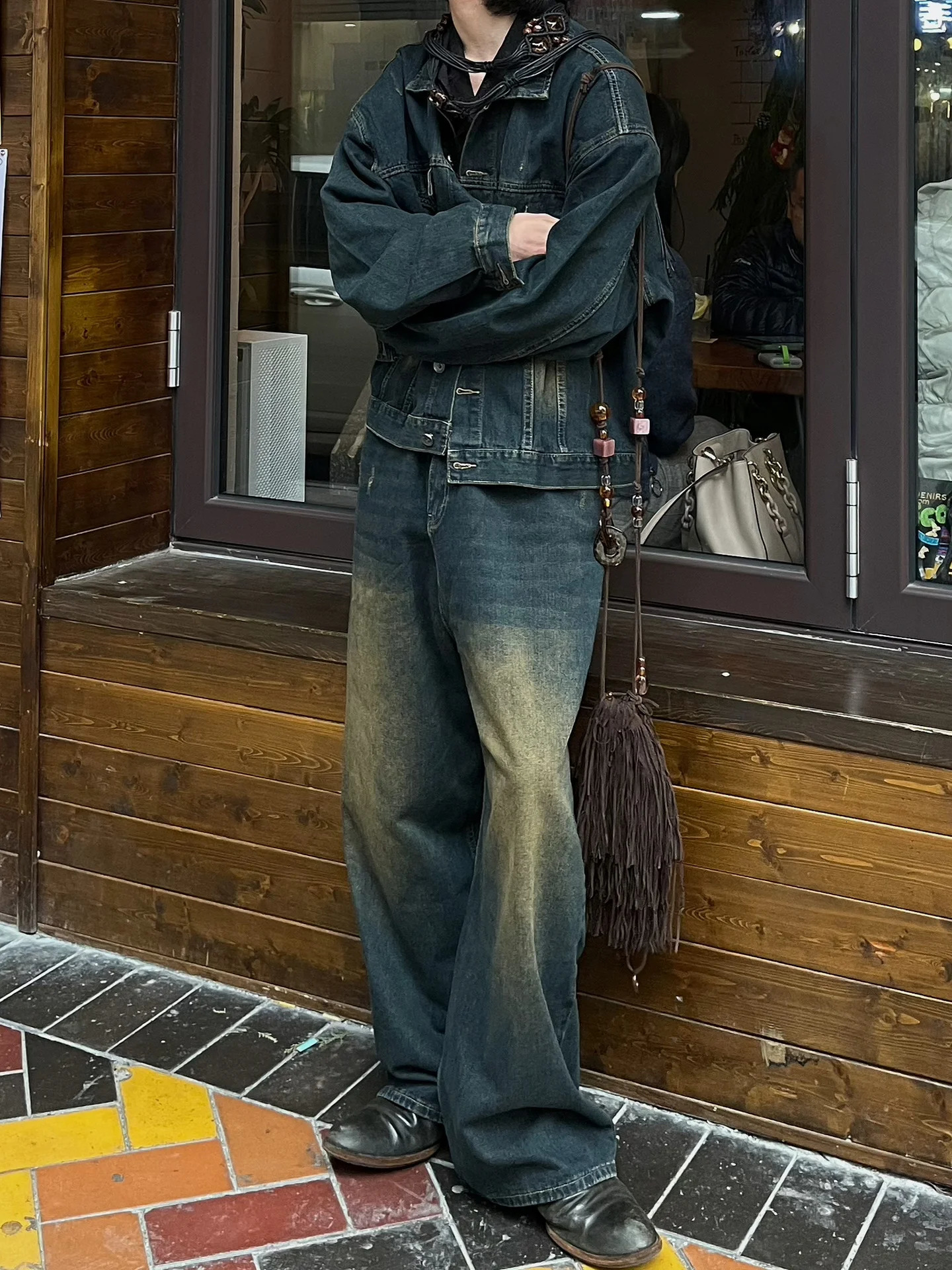 REDDACHiC Mens Denim Suit Bomber Jacket Baggy Jeans 2-piece Set Brushed Wide Leg Pants Oversize Coat Hiphop Harajuku Clothes 240412
