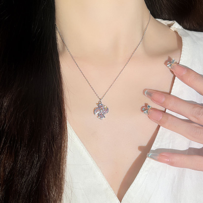Stylish Women's Small-Batch Designed Necklace Featuring a Pink Zircon Windmill Pendant and Practical Stainless Steel Chain