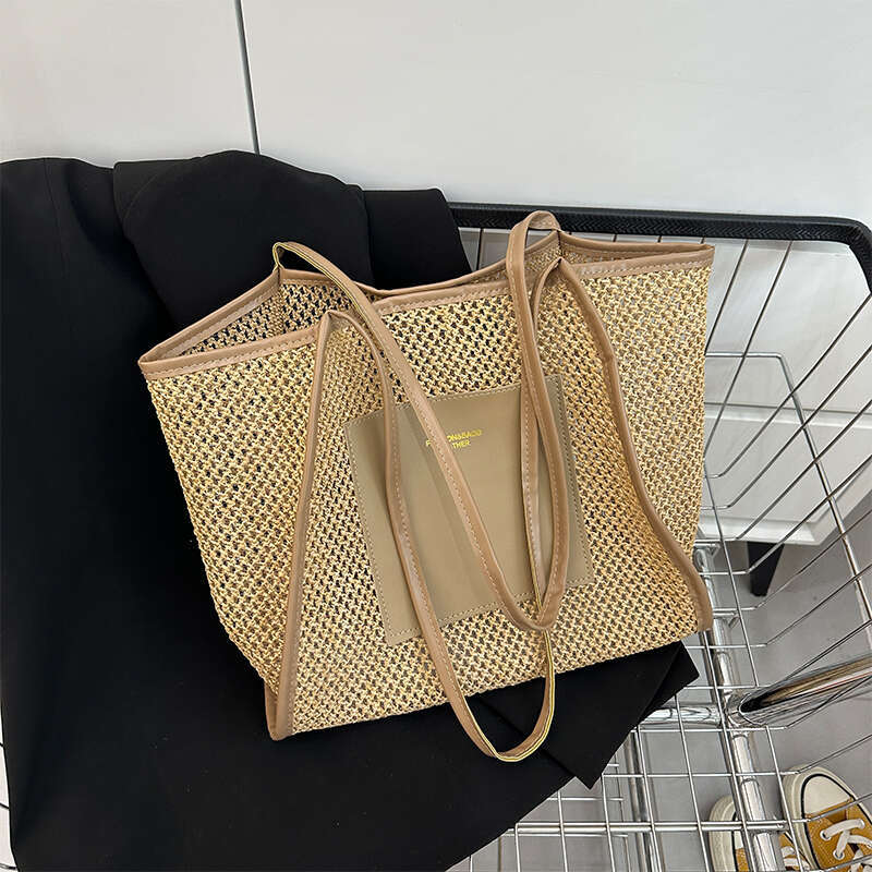 Women Straw Woven Tote Simple Shoulder Purse Large Capacity Mesh Weaving Handbag Hollow Out Handbags Outdoor Travel Bag