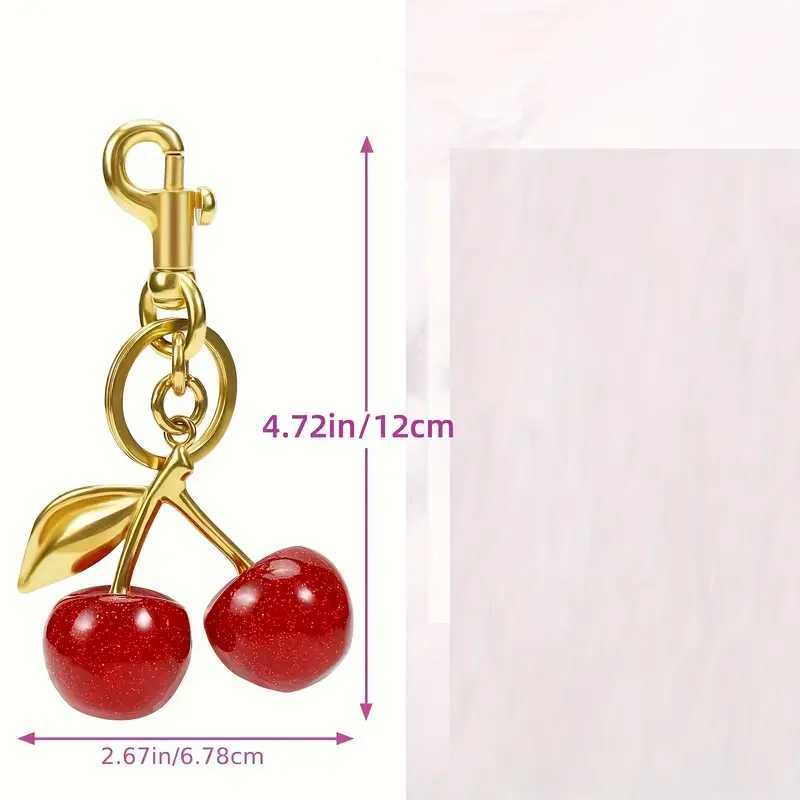 Keychains Lanyards Bag Parts Accessories Chic Cherry Keychain with Sparkling Resin Pendant - Alloy Customizable C-Hook Closure for Womens Wallets Bags