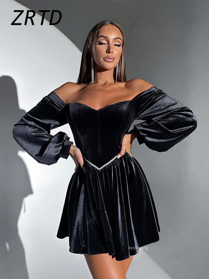 Sexy Velvet Strapless Short Party Dress Women Off Shoulder Long Sleeve Bandage Dresses 2024 Autumn Lady Christmas Evening Robes 241120