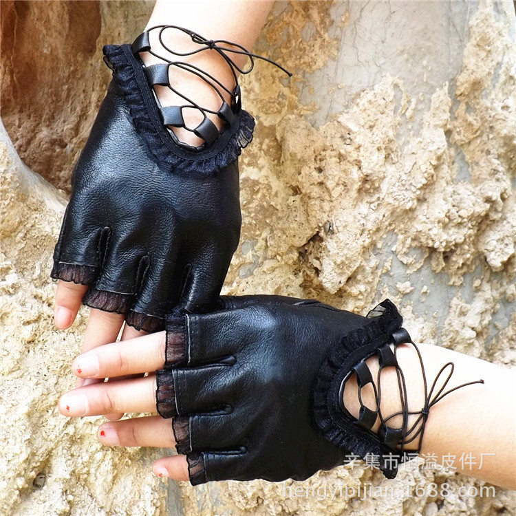 women's full sheepskin finger lace strap leather Fashion dance half cut performance gloves