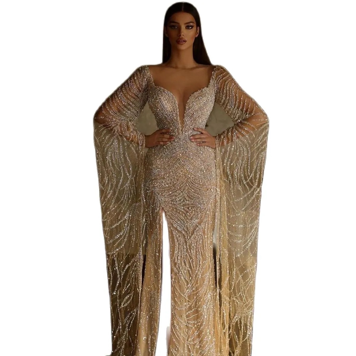 Saudi Arabia Haute Couture Mermaid Wedding Dresses Illusion High Split Wedding Dress Bridal Gowns Bride Princess Celebrity Beads Sequins Robes Robe De