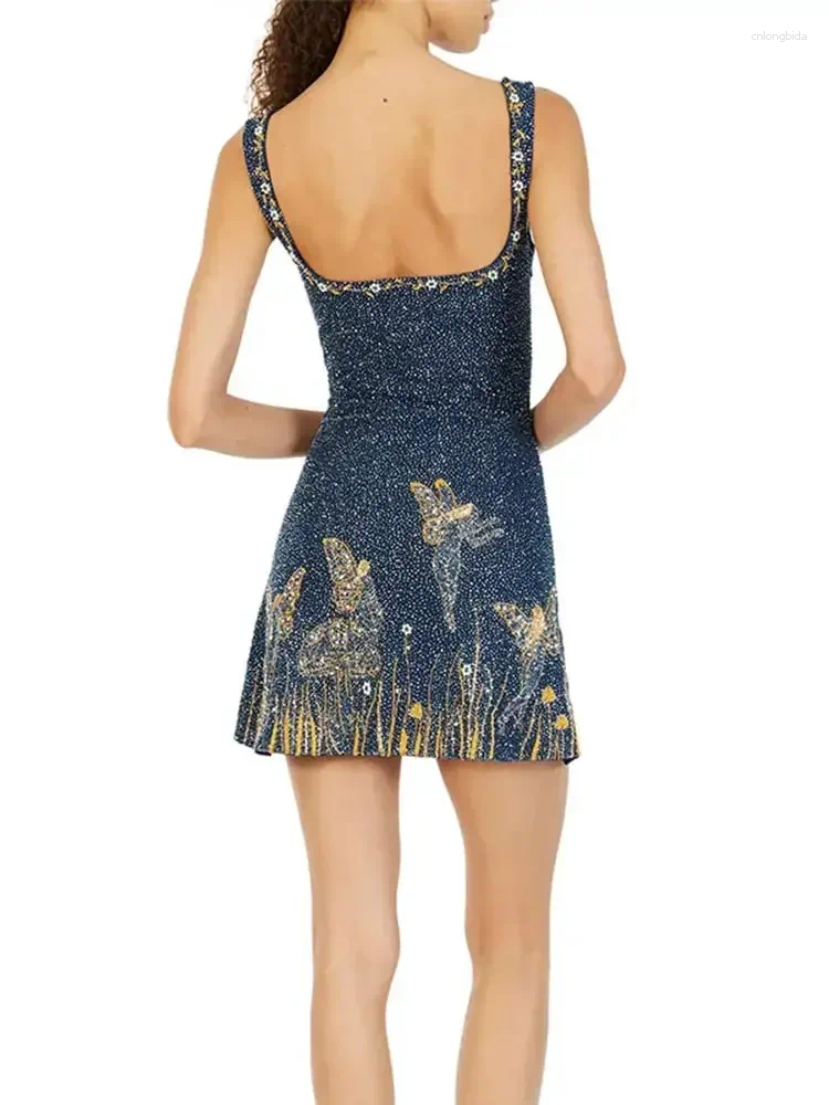 Casual Dresses Elegant Sexy Fashion Print Sequin Short Dress Spaghetti Strap Backless Sleeveless Tight Slit 2024 Summer Mini
