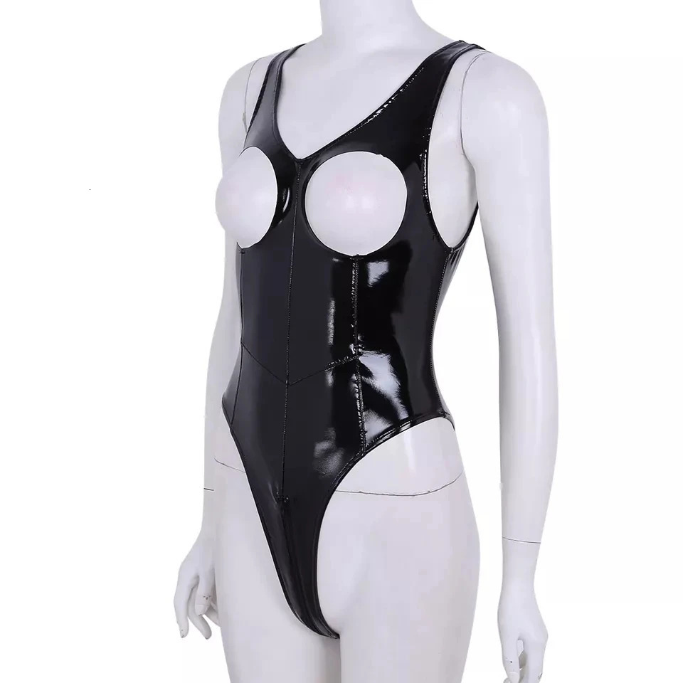 Sexy Open Crotch Glossy Leather Bodysuit For Women Erotic Porn Breast Exposing Shiny Latex Sheath Leotard Crotchless Sexi 240419