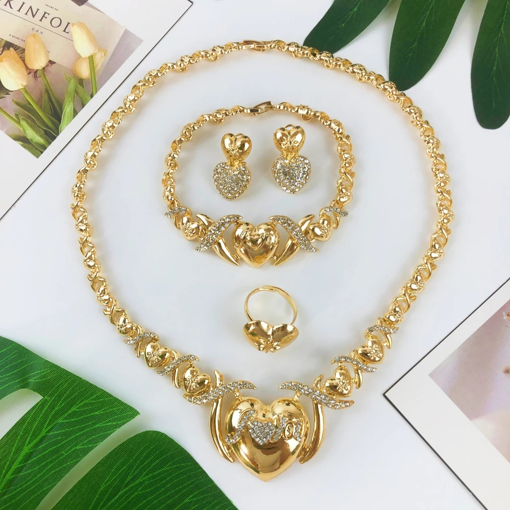 ESALE selling Women XOXO Jewelry Set Gold Plated Heart Necklace Bride Wedding Necklace Earrings Bracelet Ring Set Gift 241119